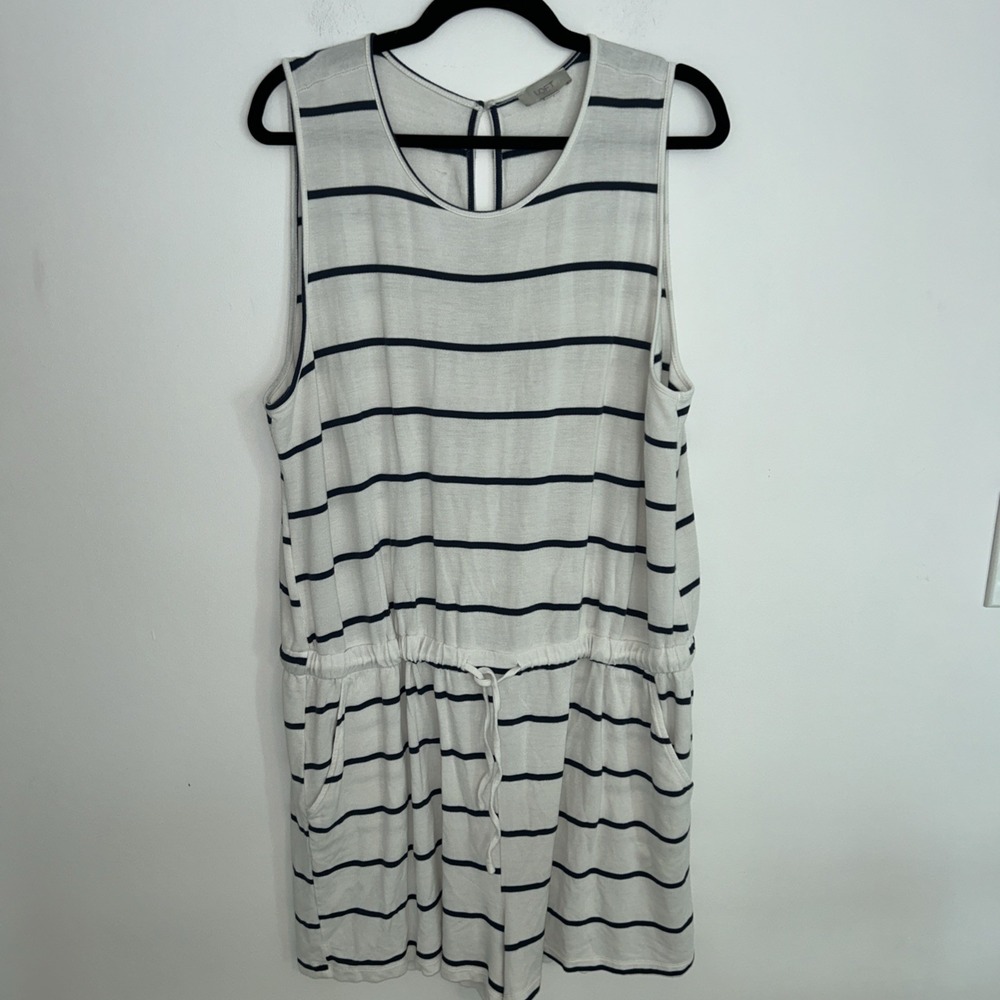 Loft Women's XL Romper Blue White Stripe Drawstring Waist Casual Front Pockets